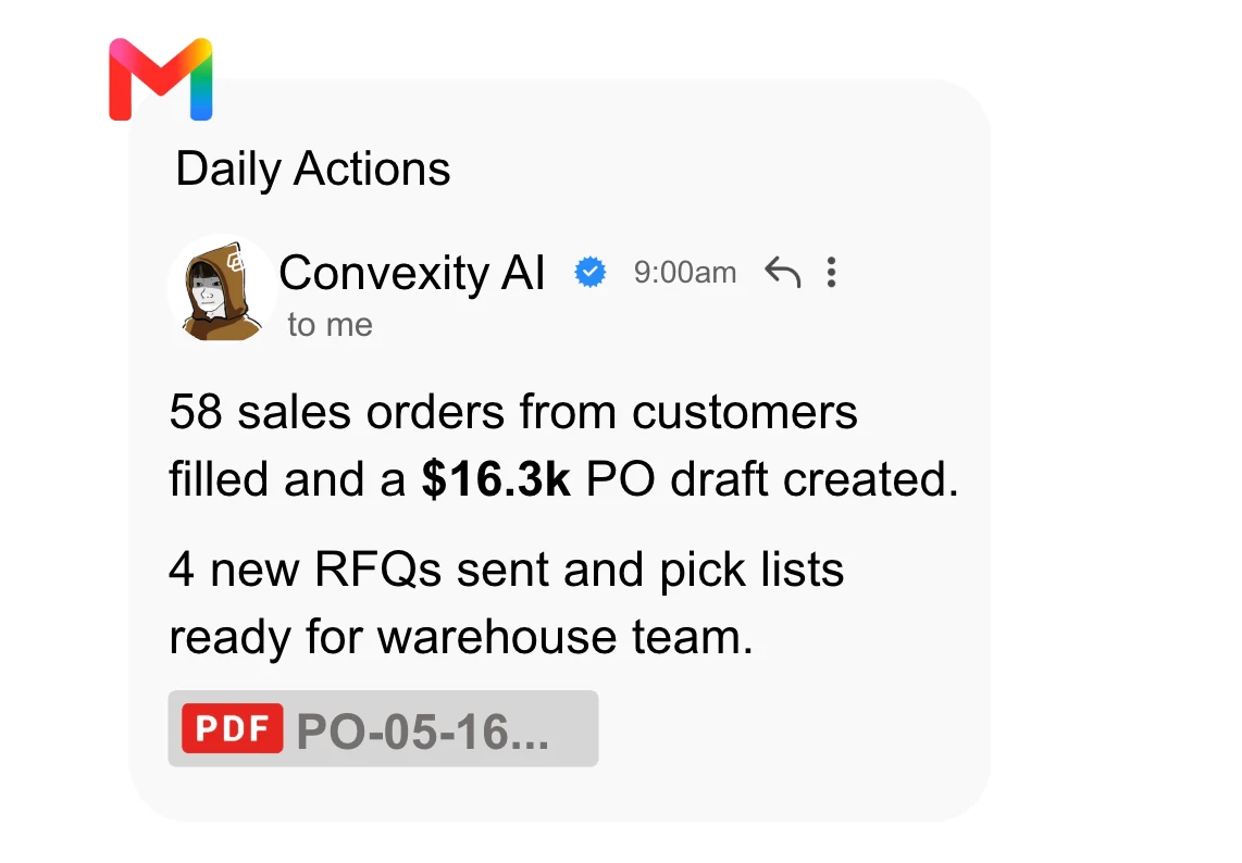 Illustrative daily agent email summarizing sales-order processing, a purchase-order draft, supplier RFQs and warehouse pick lists.