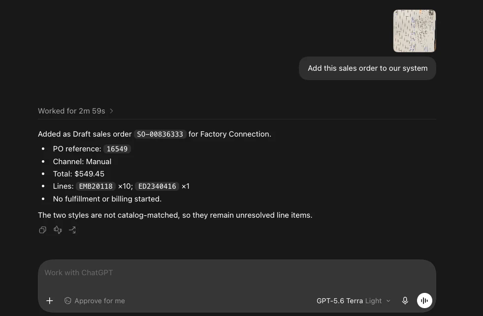 ChatGPT confirms creation of a draft sales order from an uploaded picture and flags two unmatched catalogue items for review.