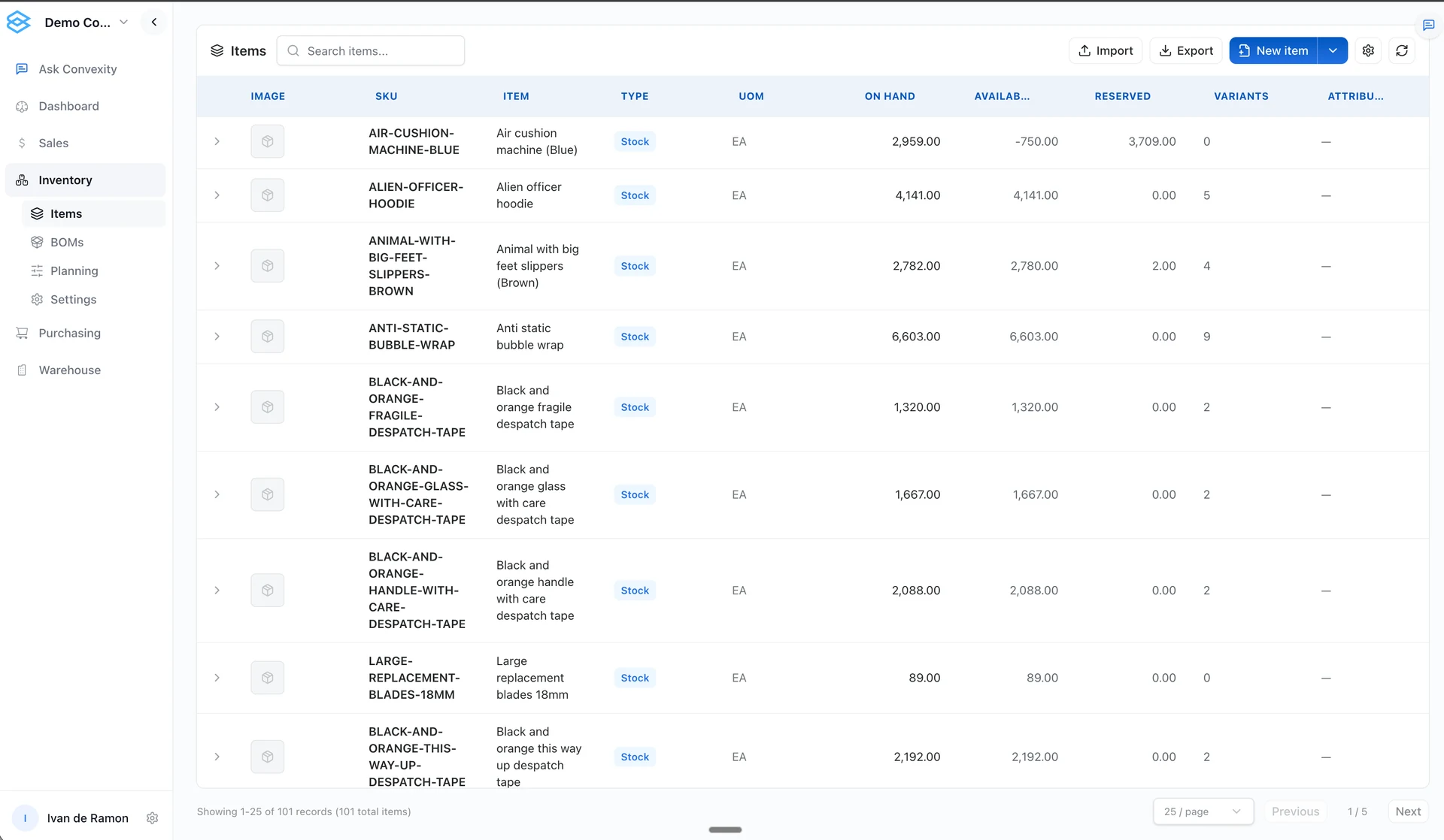 Inventory items with on-hand, available and reserved stock quantities in Convexity.