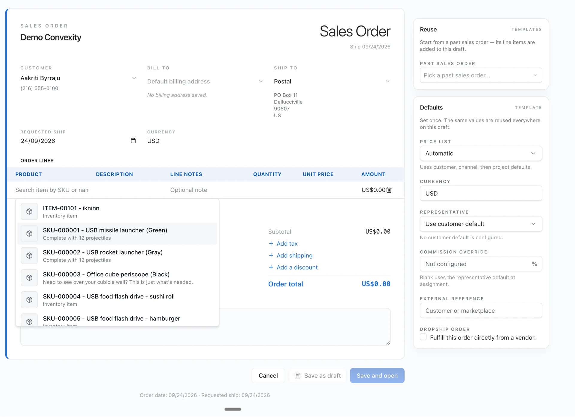 Convexity sales order creation form with customer and delivery details, product search, price-list defaults and a past-order reuse option.